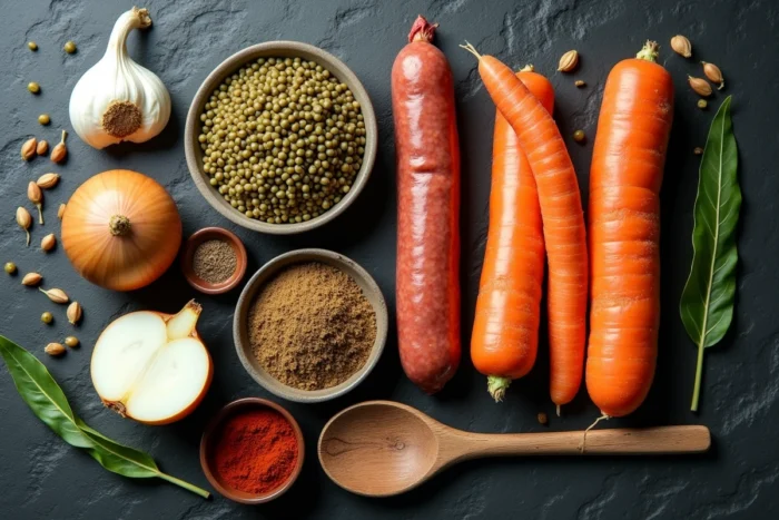 Ingrédients crus pour une recette de lentilles aux saucisses disposés sur ardoise : lentilles vertes, saucisses, légumes et épices