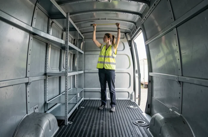 Intérieur spacieux d'un fourgon H3 grande hauteur avec technicienne mesurant la hauteur de chargement, étagères métalliques installées sur le côté