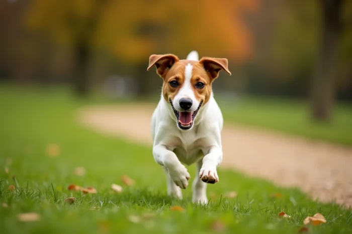 Jack Russell Terrier en pleine course dans un parc verdoyant montrant sa vivacité et sa santé