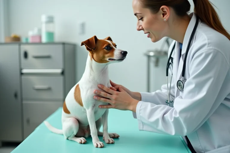 Jack Russell Terrier examiné par une vétérinaire lors d'un bilan de santé en clinique