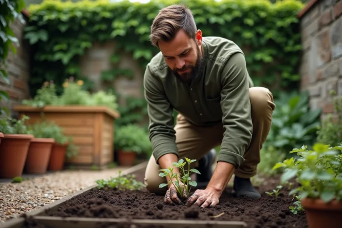 Homme plantant des semis dans un jardin urbain durable avec composteur en bois et mur en pierre recouvert de lierre