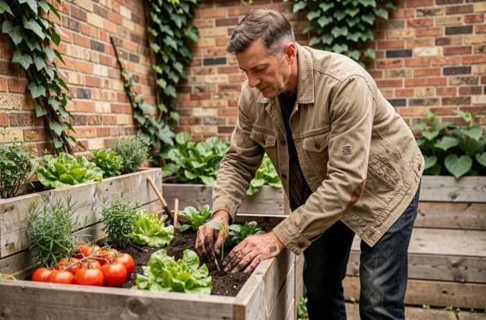 Homme entretenant un potager urbain en bacs surélevés dans une cour avec mur en briques et plantes comestibles