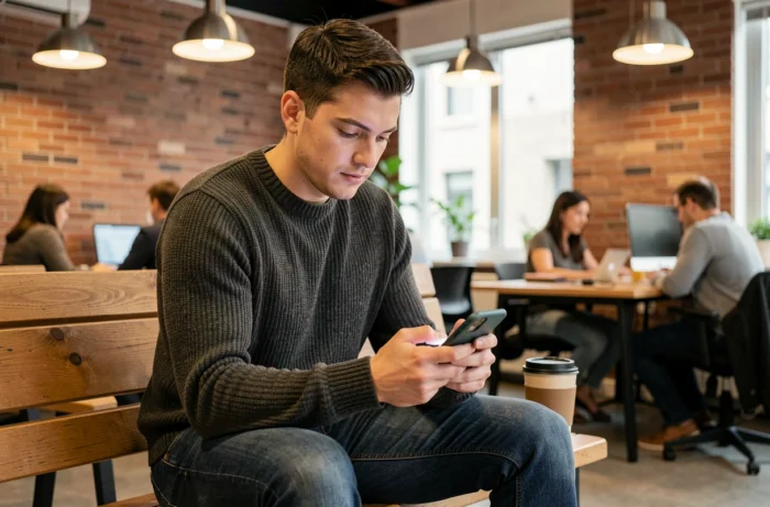 Jonge man die een recruitmentapp op zijn smartphone bekijkt in een moderne coworkingruimte