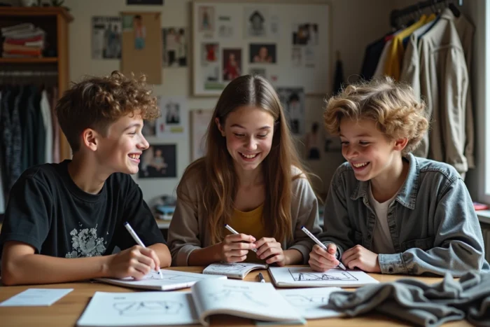 Groupe de trois adolescents explorant la mode ensemble dans une chambre décorée de planches d'inspiration, symbolisant la construction identitaire par le style vestimentaire