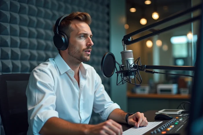 Journaliste radio masculin en studio diffusant des informations sur la santé publique en France
