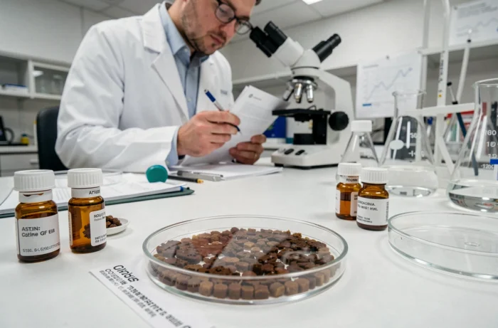 Laboranalyse von Salamanderkot-Proben unter dem Mikroskop, Illustration der wissenschaftlichen Forschung über Amphibien