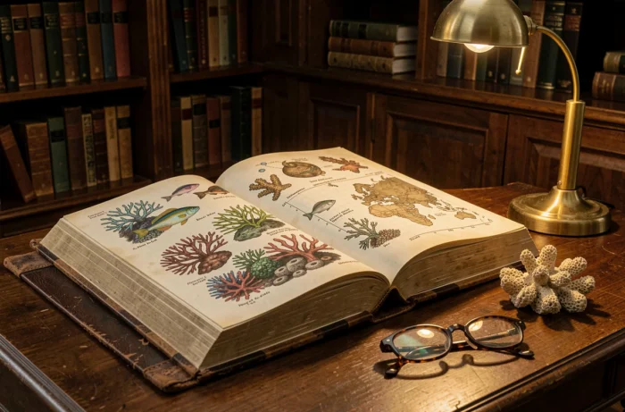 Livre rare sur les fonds marins ouvert sur de grandes illustrations scientifiques de récifs coralliens