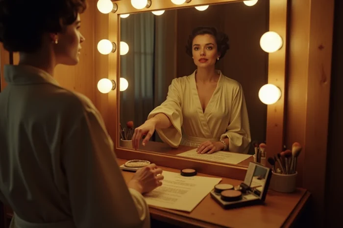 Loge de studio hollywoodien des années 1960 avec miroir, coiffeuse vintage et accessoires de maquillage, évoquant l'univers des épouses d'acteurs de l'ère dorée du cinéma américain