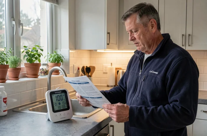 Homme consultant le manuel d'utilisation d'une station météo La Crosse Technology dans une cuisine