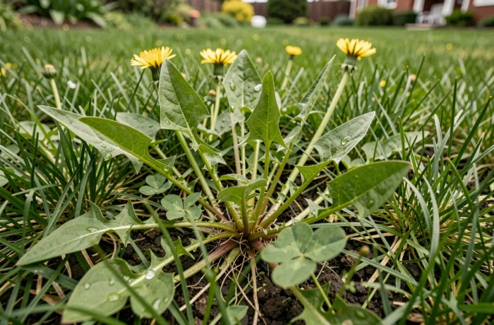 Gros plan sur des mauvaises herbes dans une pelouse traitée avec un désherbant sélectif gazon