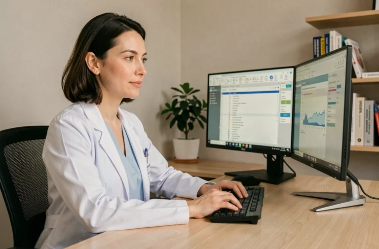 Médecin généraliste utilisant une solution numérique en téléconsultation depuis son bureau à domicile