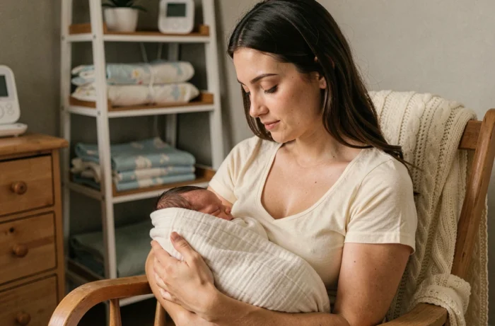 Jeune mère tenant son nouveau-né emmailloté dans une couverture en mousseline dans une chambre de bébé cosy avec mobilier en bois naturel