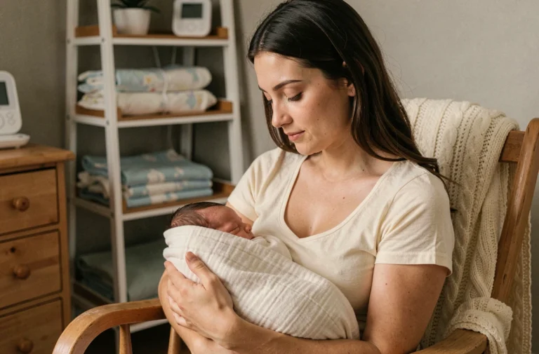 Jeune mère tenant son nouveau-né emmailloté dans une couverture en mousseline dans une chambre de bébé cosy avec mobilier en bois naturel