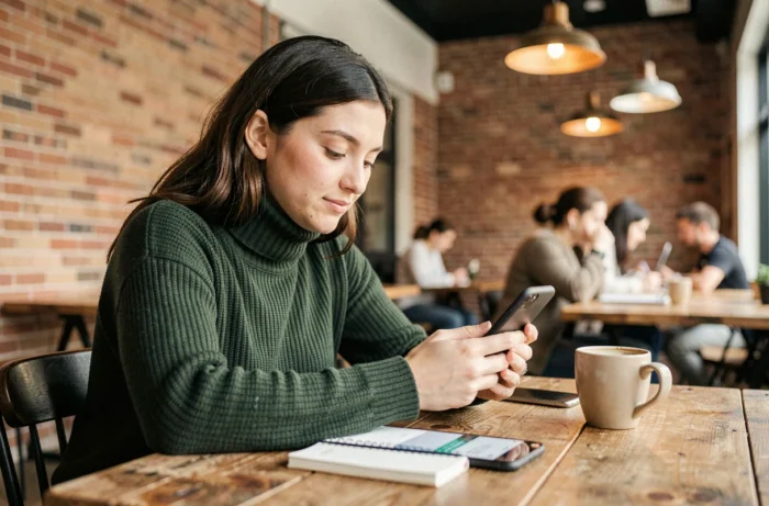 Giovane professionista che consulta la sua messaggistica La Poste su smartphone in uno spazio di coworking