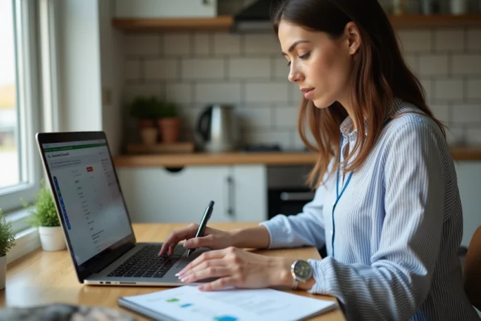 Une femme assise à une table de cuisine effectuant des micro-tâches rémunérées sur un ordinateur portable affichant une plateforme de petits travaux numériques avec une liste de tâches à cocher