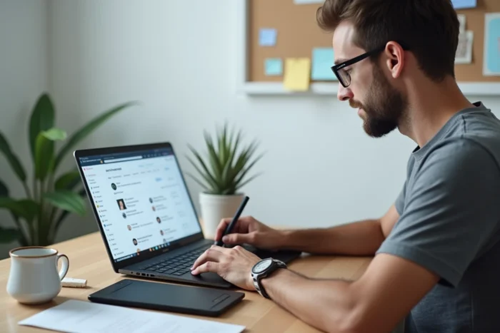 Un homme travaillant sur un ordinateur portable affichant un site de freelance avec des annonces de microservices, une tablette graphique et des notes sur un bureau minimaliste