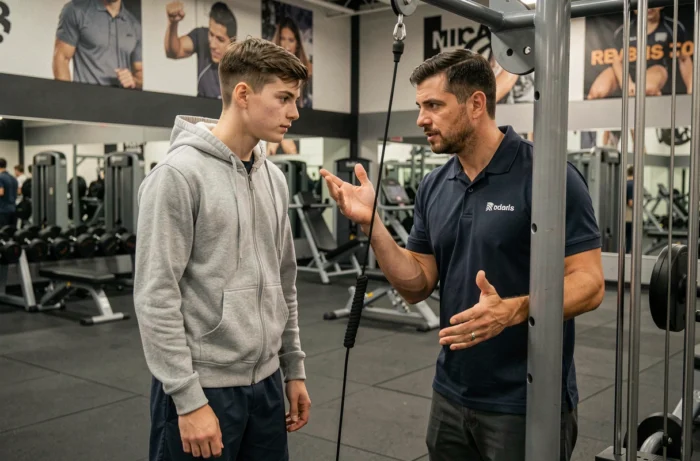 Jeune homme de 17 ans accompagné d'un coach sportif dans une salle de sport moderne, apprenant à utiliser les machines de musculation en toute sécurité