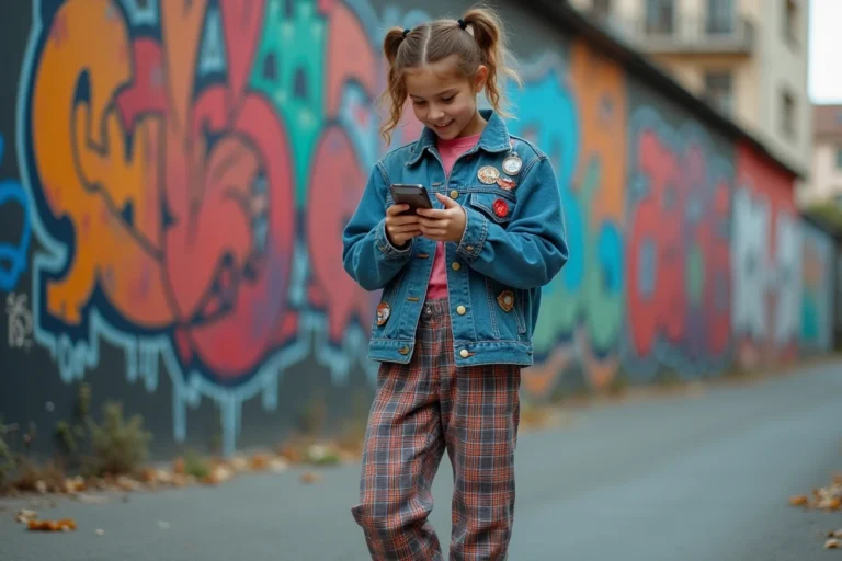 Adolescente en tenue streetwear devant un mur de graffitis urbains, illustrant l'influence de la mode sur l'identité des jeunes