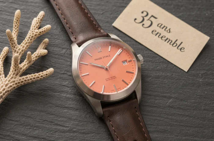 Montre homme avec cadran couleur corail posée sur une ardoise avec une carte anniversaire