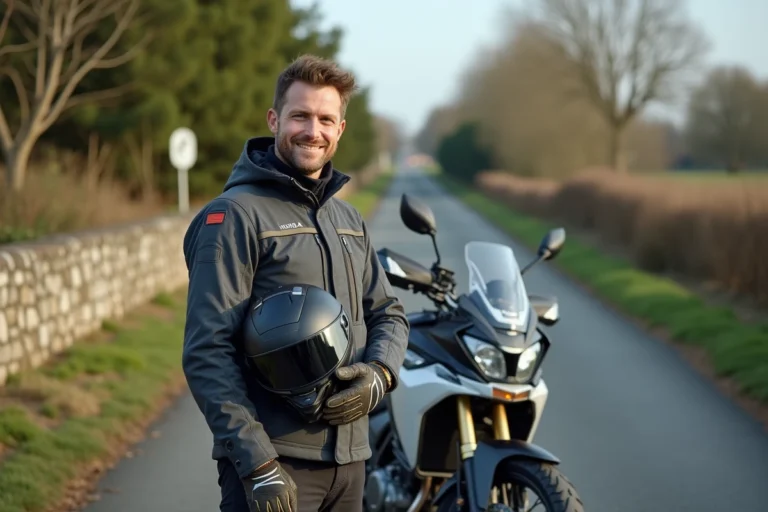 Motard debout à côté d'un Honda X-ADV sur une route de campagne française, tenant son casque intégral, illustrant l'article sur le permis moto adapté