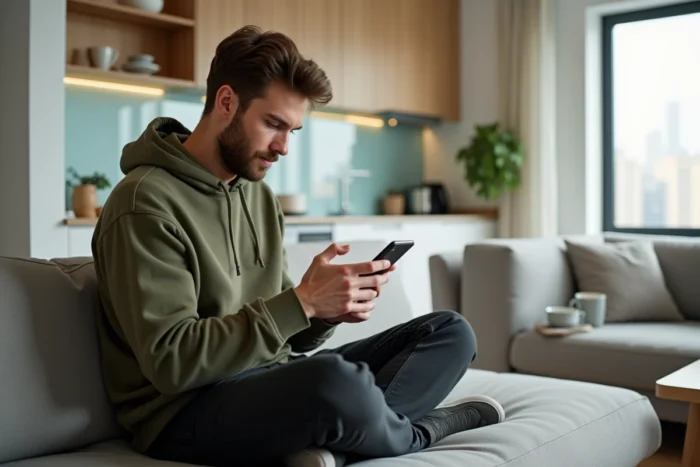 Jeune résident consultant l'application mobile MyCitya depuis son appartement moderne, symbolisant les nouveaux outils numériques et services locatifs prévus en 2026