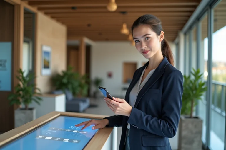 Femme professionnelle utilisant une borne numérique interactive dans le hall moderne d'une résidence MyCitya, illustrant les nouveaux services digitaux 2026