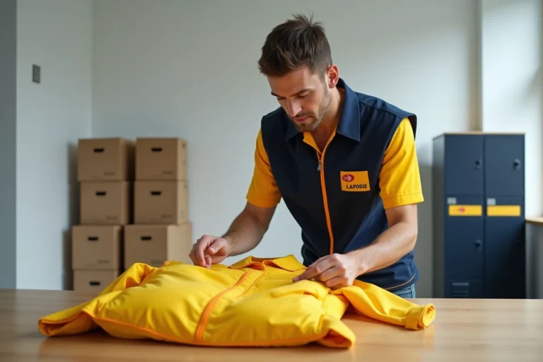 Nouvel agent La Poste examinant sa tenue de travail jaune et bleu marine sur une table en bois dans une salle de pause