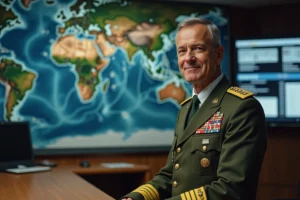 Officier militaire en uniforme devant une carte du monde stratégique dans une salle de commandement opérationnelle