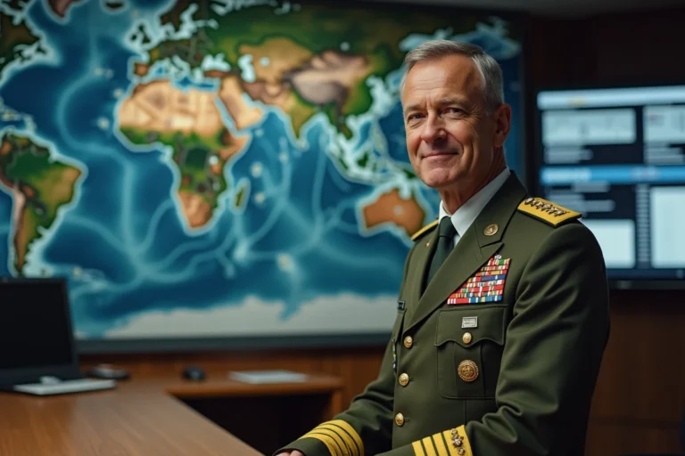Officier militaire en uniforme devant une carte du monde stratégique dans une salle de commandement opérationnelle
