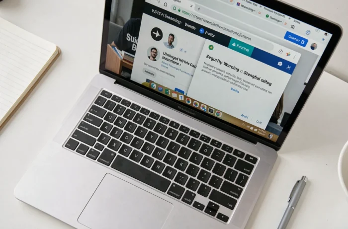 Vue aérienne d'un ordinateur portable avec un avertissement de sécurité sur un site de streaming illégal affiché dans le navigateur