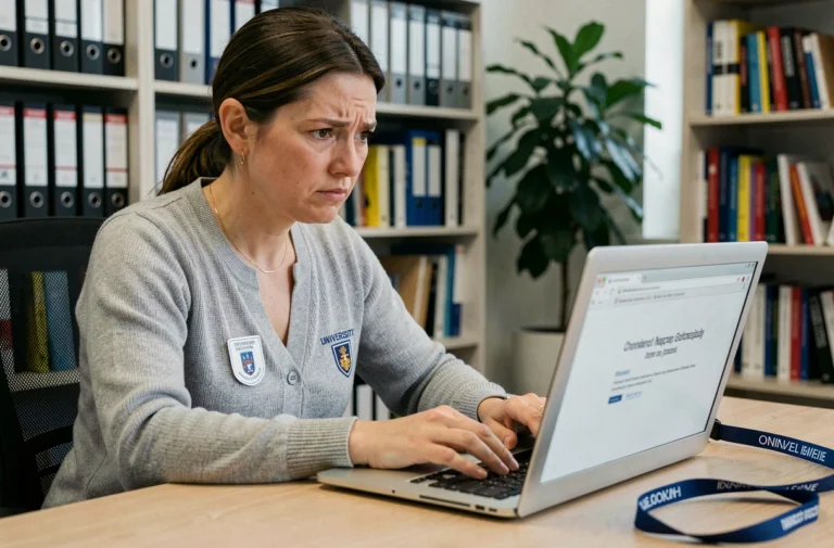 Employée académique frustrée face à un message d'erreur sur son webmail universitaire depuis son bureau