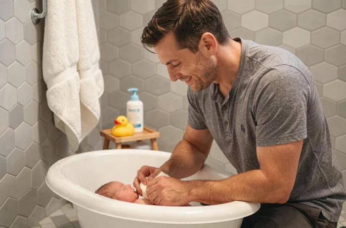 Père donnant le bain à son nouveau-né dans une baignoire blanche sur le sol carrelé d'une salle de bain, avec serviette à capuche et produits bébé