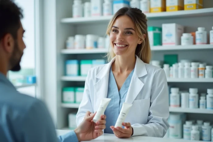 Pharmacienne conseillant une cliente sur le choix d'une crème anti-inflammatoire sans ordonnance en pharmacie