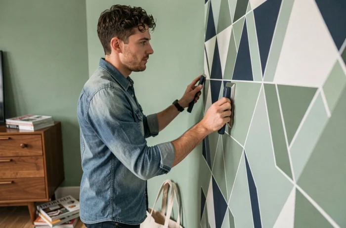 Homme posant du papier peint géométrique amovible sur un mur vert sauge dans un appartement moderne pour personnaliser sa décoration