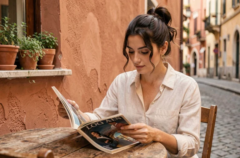 Jeune femme italienne dans un café romain feuilletant un magazine de cinéma vintage, ambiance méditerranéenne authentique