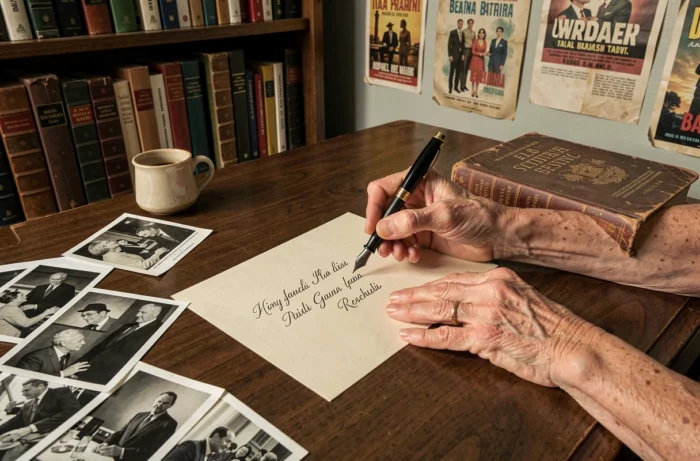 Hände einer Großmutter, die italienische Vornamen mit einer Feder auf cremefarbenem Papier schreibt, umgeben von Fotos aus dem Vintage-Kino