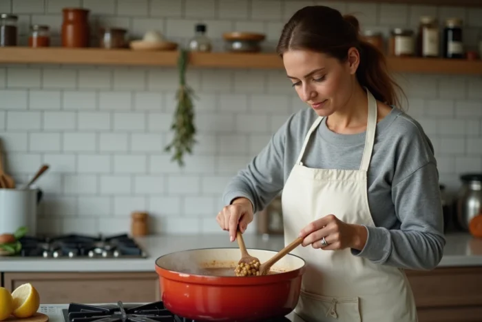 Femme cuisinant une recette de lentilles aux saucisses dans une cocotte en fonte sur la cuisinière, cuisine maison chaleureuse