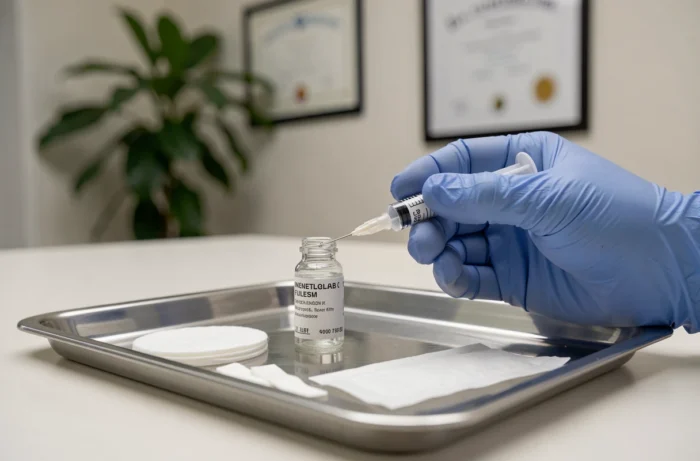 Préparation d'une seringue pour injection de filler esthétique sur plateau médical stérile