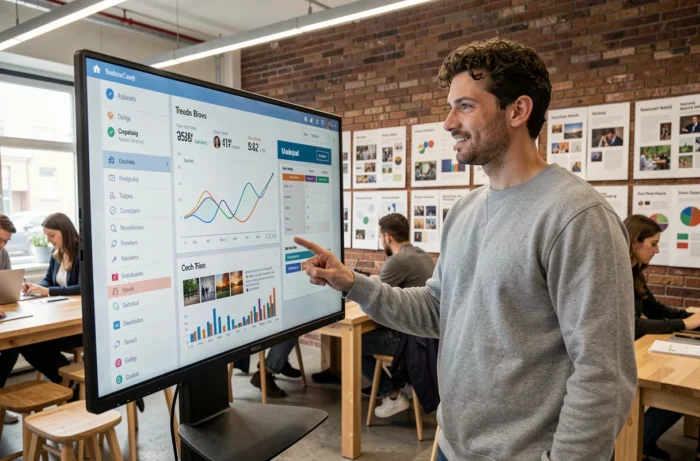 Jeune professionnel présentant des tendances de campagnes sur les réseaux sociaux dans un espace de co-working dynamique