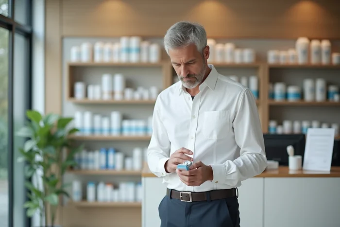 Homme lisant attentivement une notice médicale en pharmacie pour la prévention santé