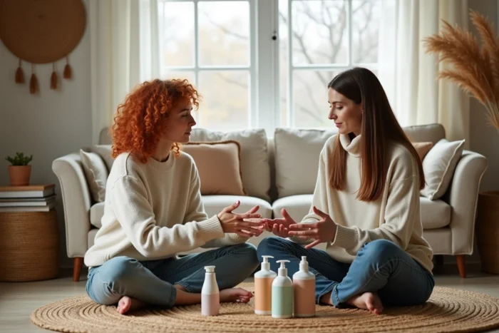 Deux femmes comparant des produits ménagers éco-certifiés assis sur un tapis en jute dans un salon décoré de manière responsable