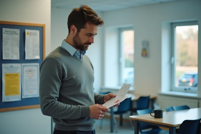 Professeur masculin analysant sa fiche de paie dans la salle des professeurs avec des affichages syndicaux en arrière-plan