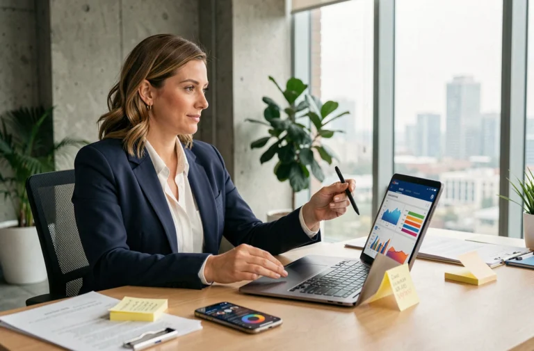 Professionnelle du marketing digital analysant des tableaux de bord analytiques sur ordinateur portable dans un bureau moderne