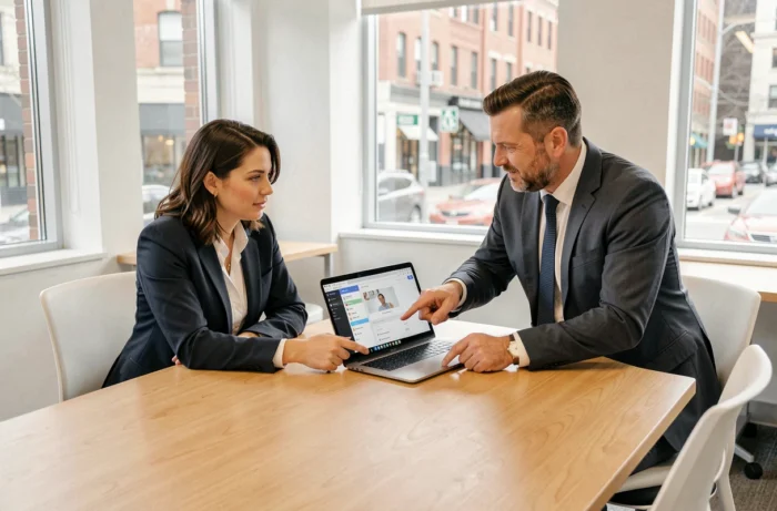 Deux professionnels de santé collaborant autour d'une solution numérique innovante dans un espace de coworking médical
