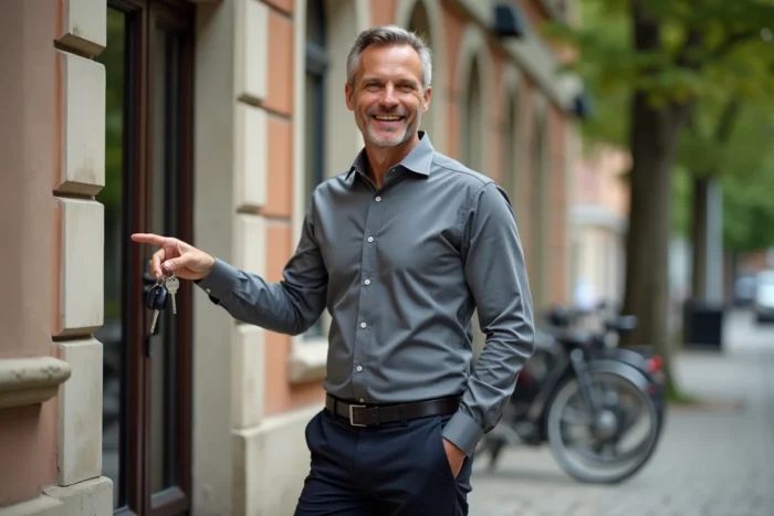 Propriétaire tenant des clés devant un immeuble d'appartements proposé à la location
