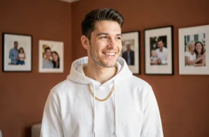 Portrait d'un rappeur français souriant dans un appartement moderne avec des photos de famille en arrière-plan