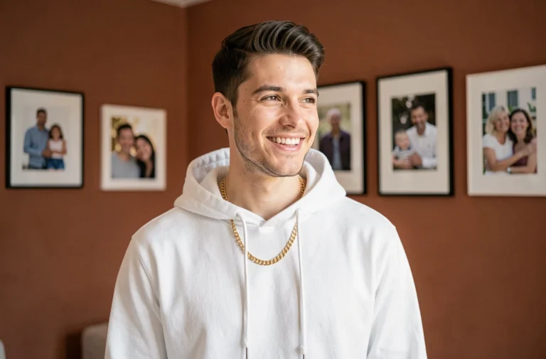 Portrait d'un rappeur français souriant dans un appartement moderne avec des photos de famille en arrière-plan