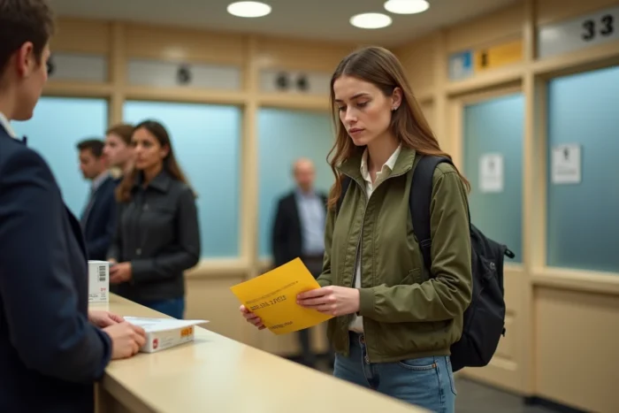 Jeune femme recevant un avis de passage pour une lettre recommandée 2c d'une banque au bureau de poste