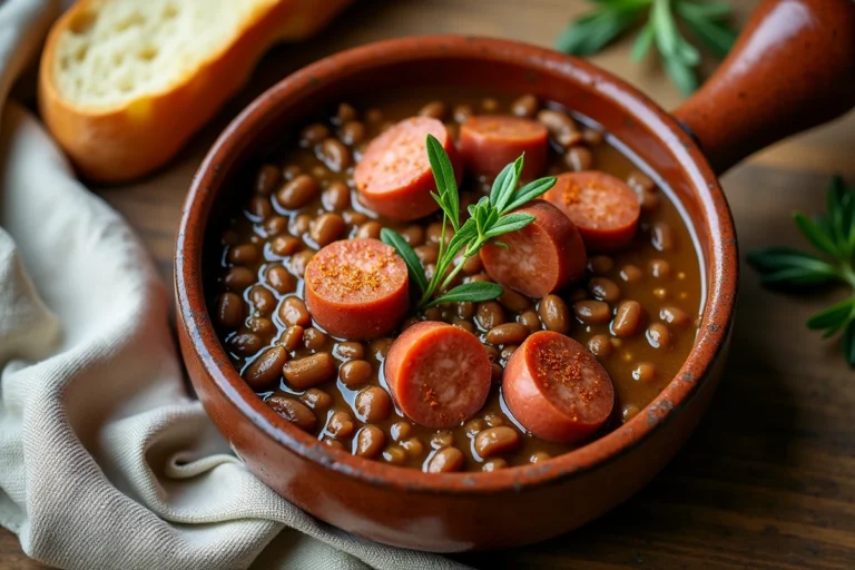 Bol de lentilles aux saucisses fumées servi dans une assiette rustique sur table en bois, recette traditionnelle maison
