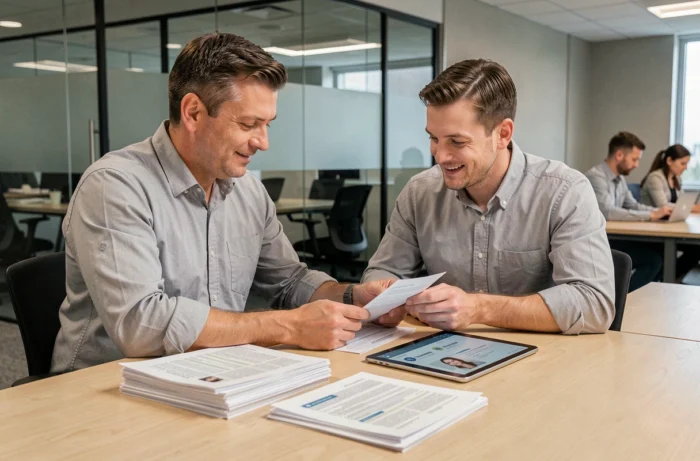 Professionele recruiter die CV's en kandidaatprofielen op een tablet in een open kantoorruimte analyseert